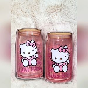 Set of 2-  HELLO KITTY Pink Glass Tumbler W/ Bamboo Lid & Glass Straw